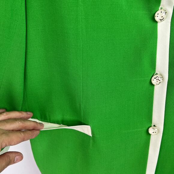 Vintage Green White Trim Jacket Holiday Mod Style Satin Lined Textured Buttons M - Picture 3 of 12